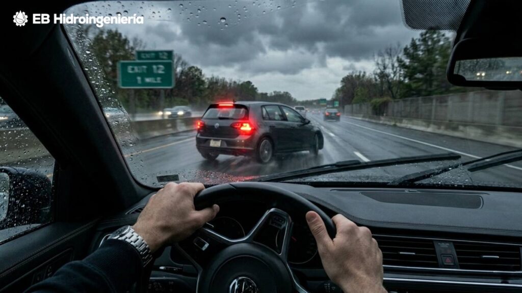 Pavimento mojado al inicio de la lluvia con pérdida de adherencia por contaminantes acumulados.