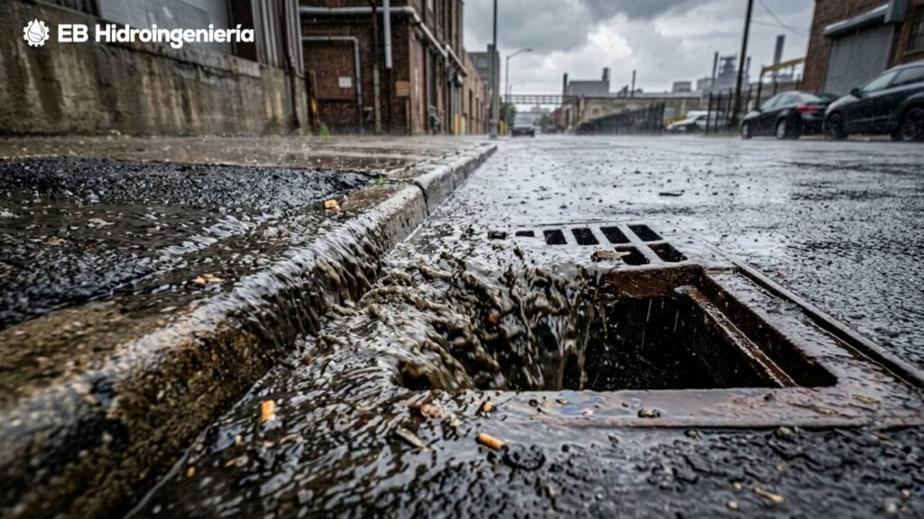 Playa en Uruguay con floraciones algales Escorrentía urbana transportando contaminantes hacia sistemas de drenaje pluvial.