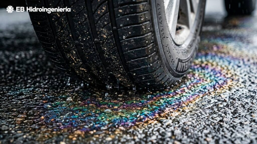 Playa en Uruguay con floraciones algales Pavimento mojado al inicio de la lluvia con pérdida de adherencia por contaminantes acumulados.